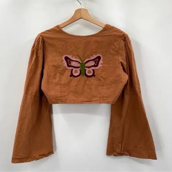EARTHBOUND Tops - EARTHBOUND Long Bell Sleeve Embroidered Butterfly Crop Button Front Top